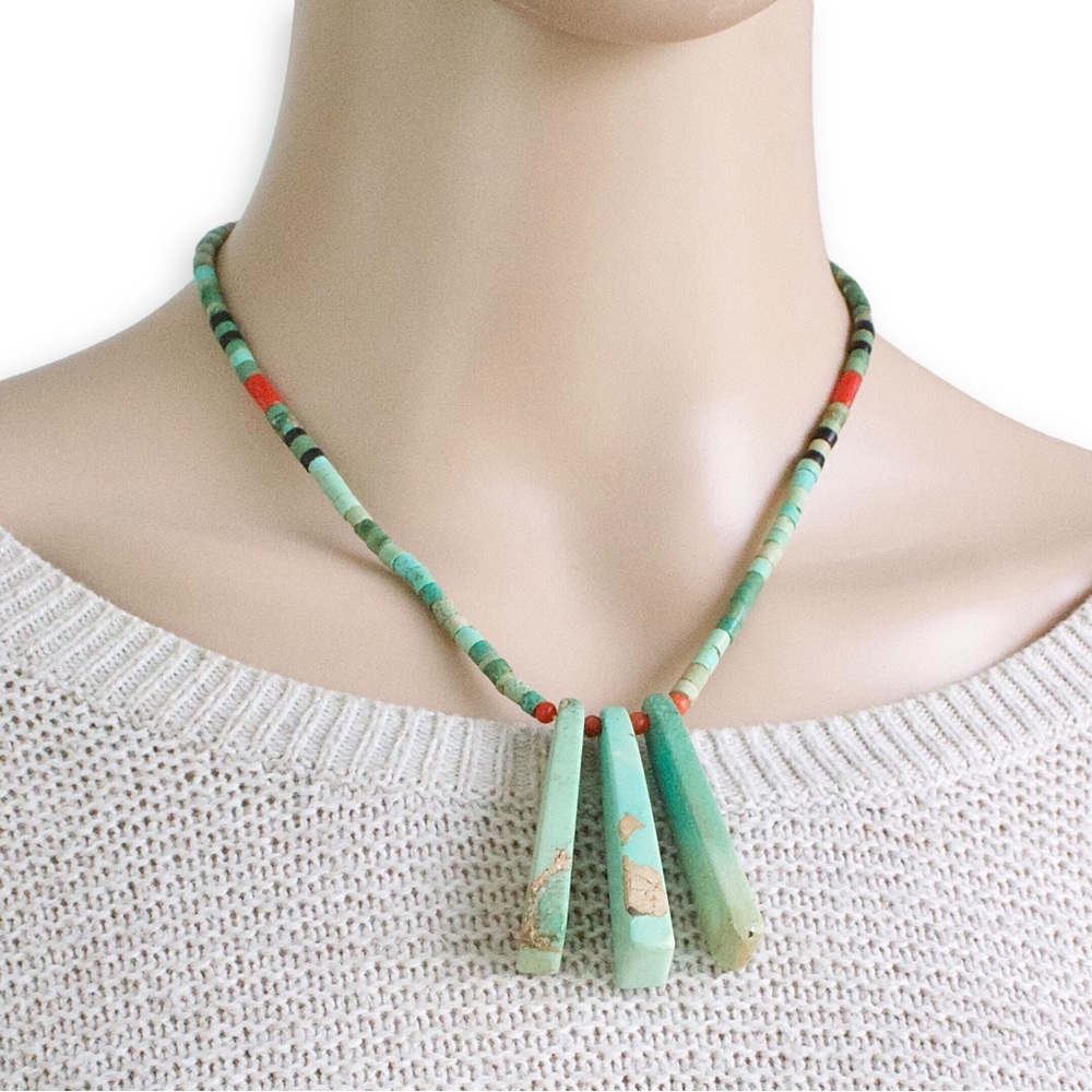Vintage Southwestern Turquoise, Coral & Jet Heishi Bead Tab Necklace